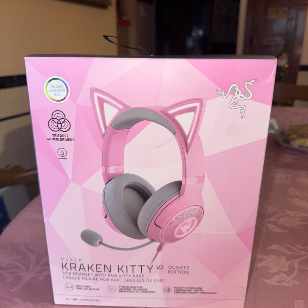 Razer Pink and Gray Over-Ear Headphones with Cat Ear Design - Picture 1 of 4